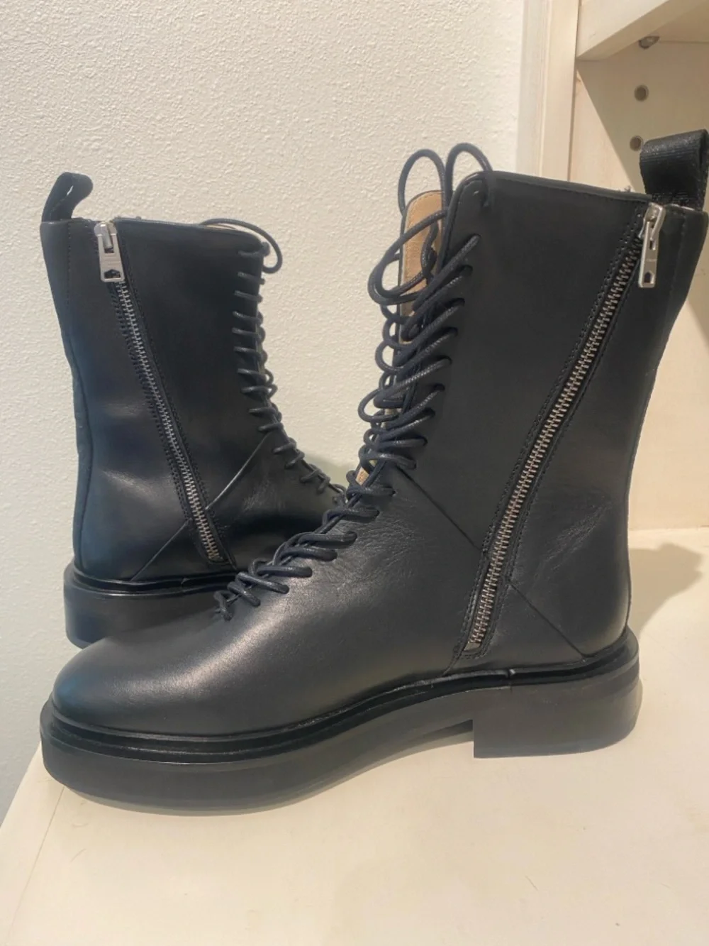 All Saints Women's Black Lace-Up Leather Combat Moto Military Mina Boots New  8 - Picture 7 of 13